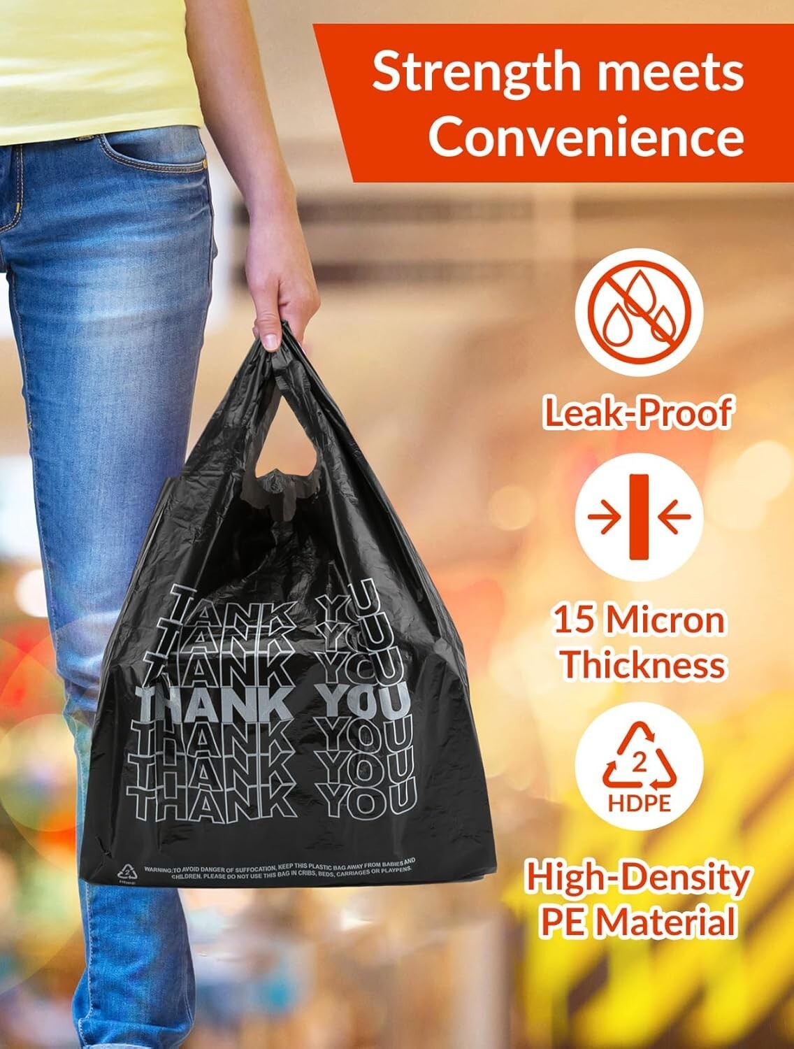 Thank You Plastic Bags, 12″ X 6″ X 22″, 1/6 barrel Black Grocery Bags