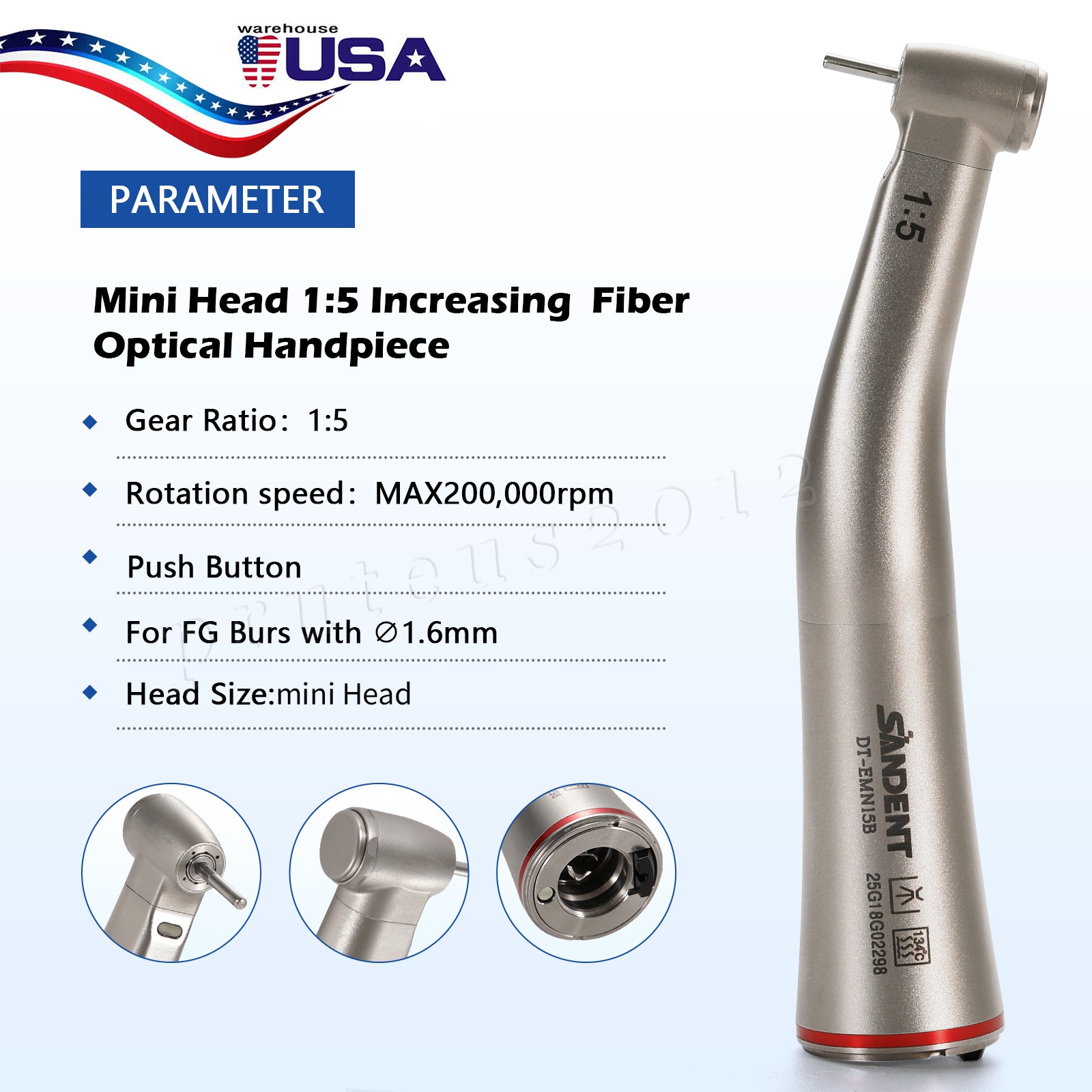 SANDENT 1:5 Contra Angle Electric Dental Handpiece Fiber Optic Mini Head DT-EM