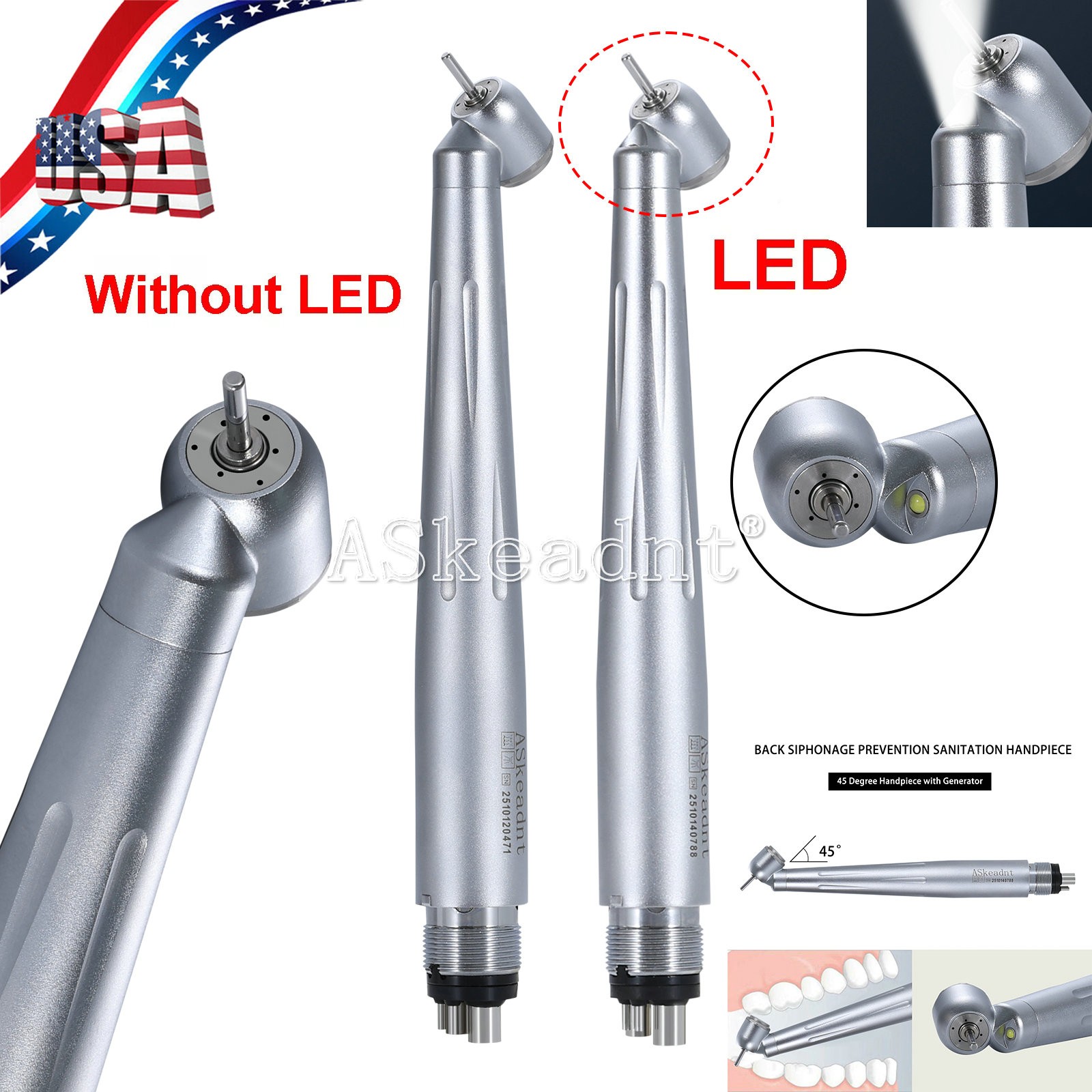 Dental 45 Degree LED/Non LED High Speed Surigcal Handpiece Push Button 4 Hole dt