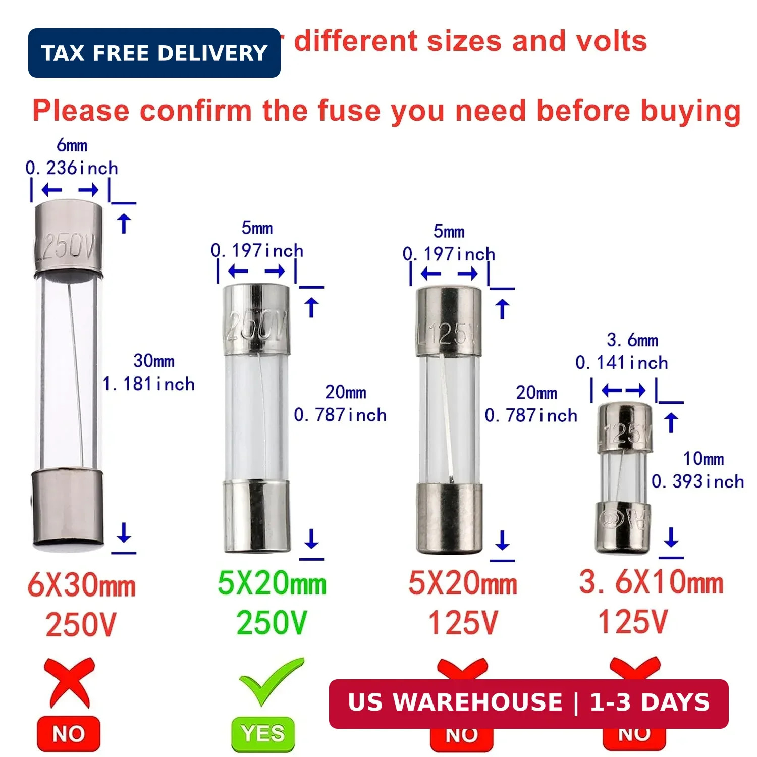 BOJACK T0.5AL250V 5x20mm 0.5A 250V Slow Blow Fuses 0.5 Amp 250 Volt 0.2 x 0.78 I