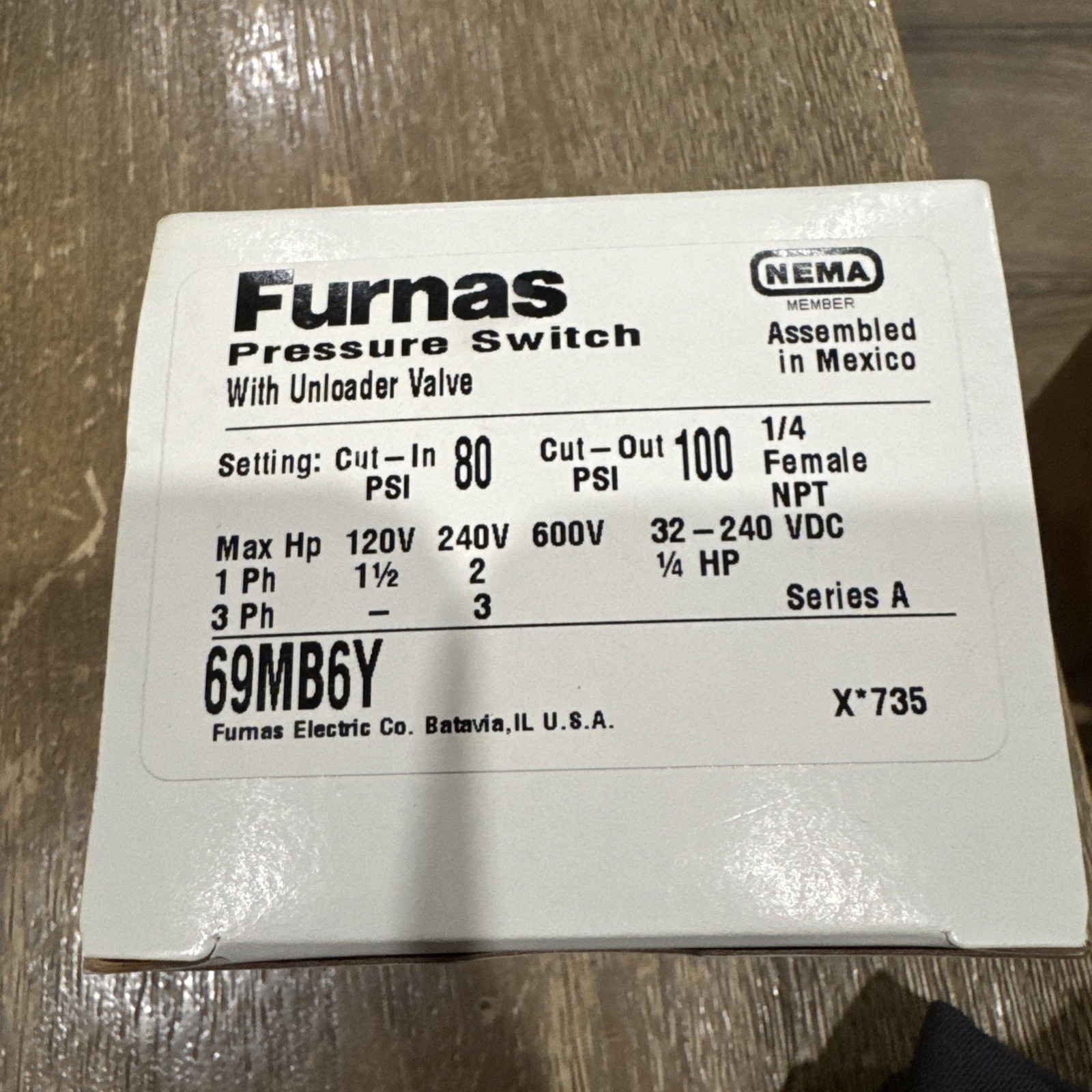 Furnas 69MB6Y Pressure Switch Original New 80 Cut in 100 Cut Out