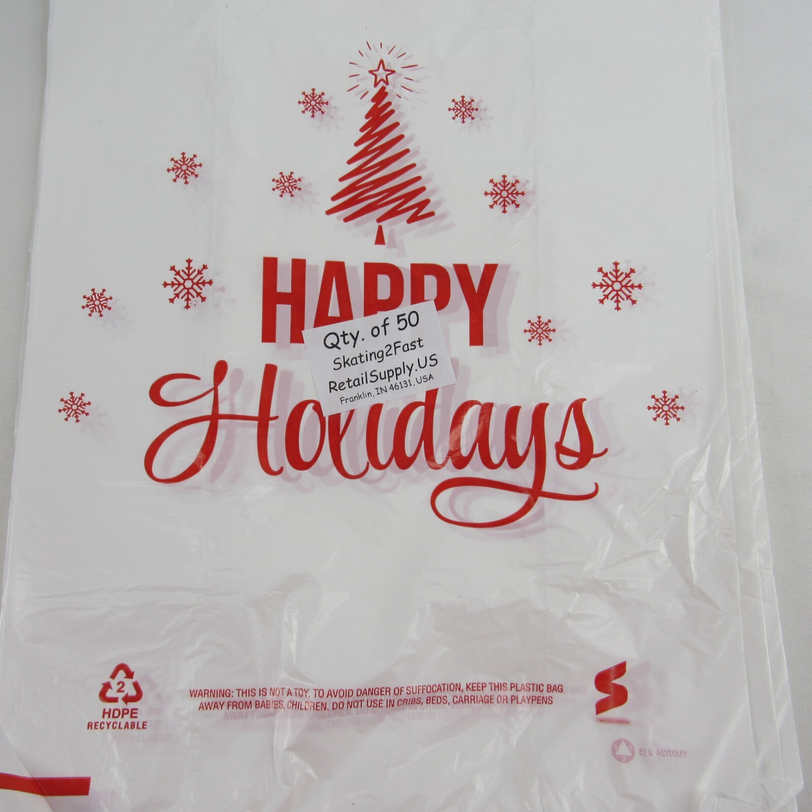 Happy Holiday Holiday Tree Plastic T-Shirt Shopping Bags W/Handles 11″x 6″ x 21″