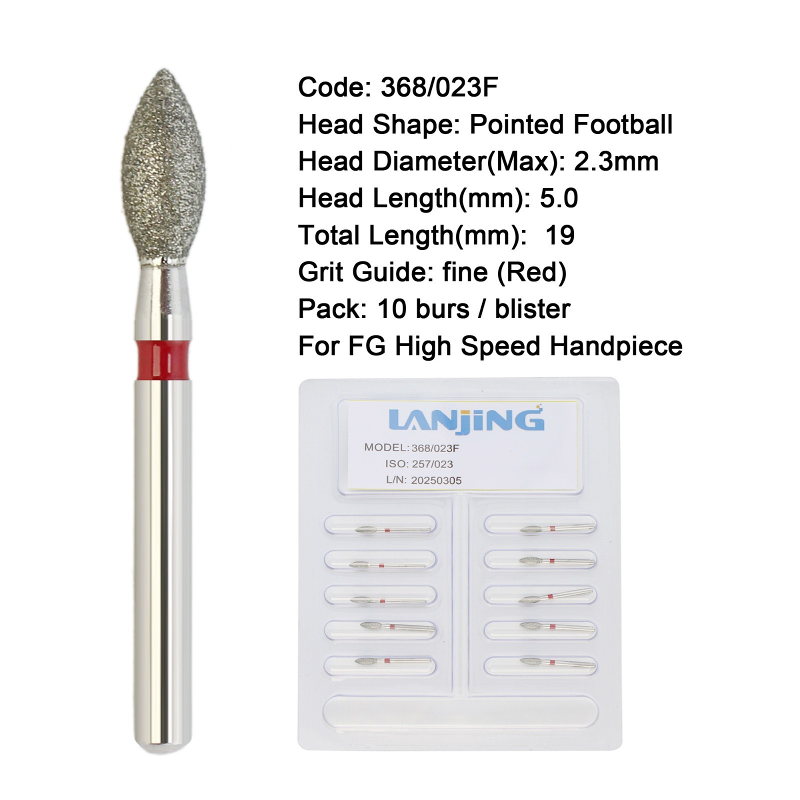 Dimond Dental Bur 368/023F Football FG High Speed Handpiece Bur Fine Grit Drills