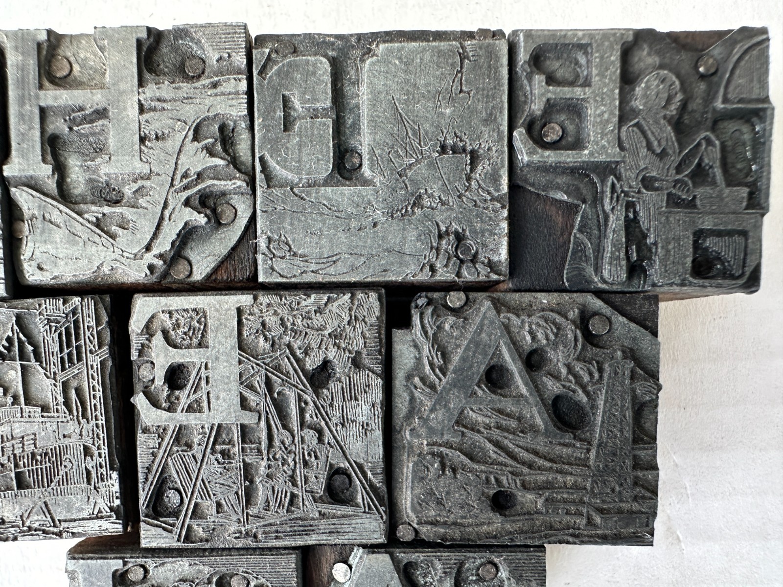 Vtg Type Set Print Block Letter Nautical Illustrated People Dining Cooking Scene