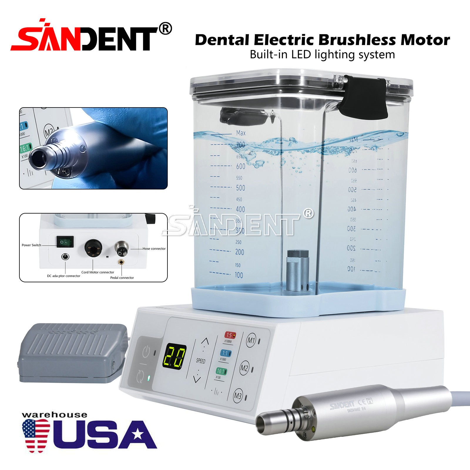 Dental Brushless LED Electric Micro Motor with Water/1:5/1:1 LED Handpiece UPS
