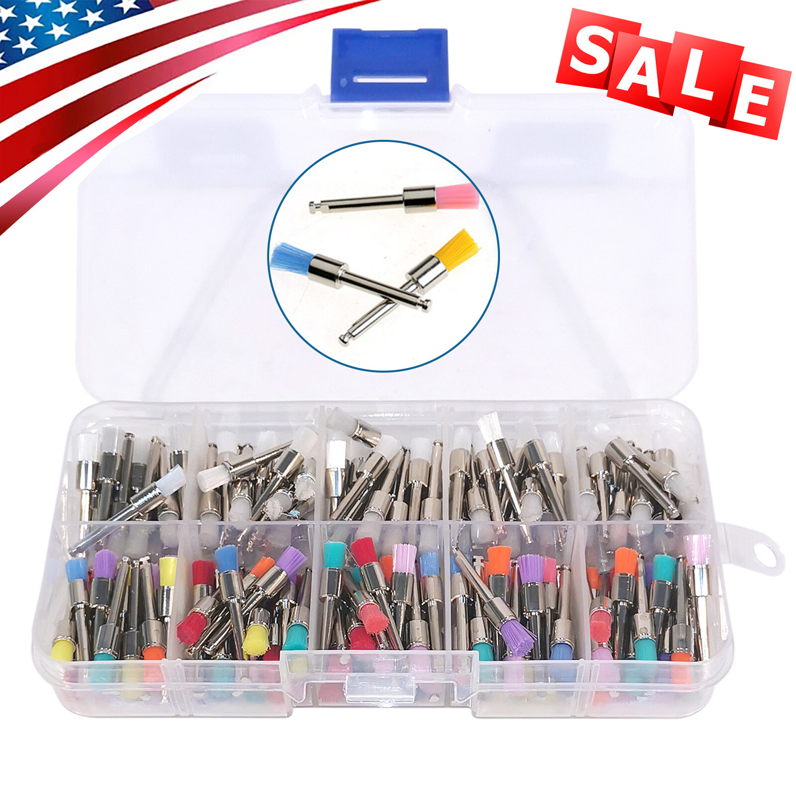 200 Pcs Dental White&Colorful Nylon Latch Flat Polishing Polisher Prophy Brushes