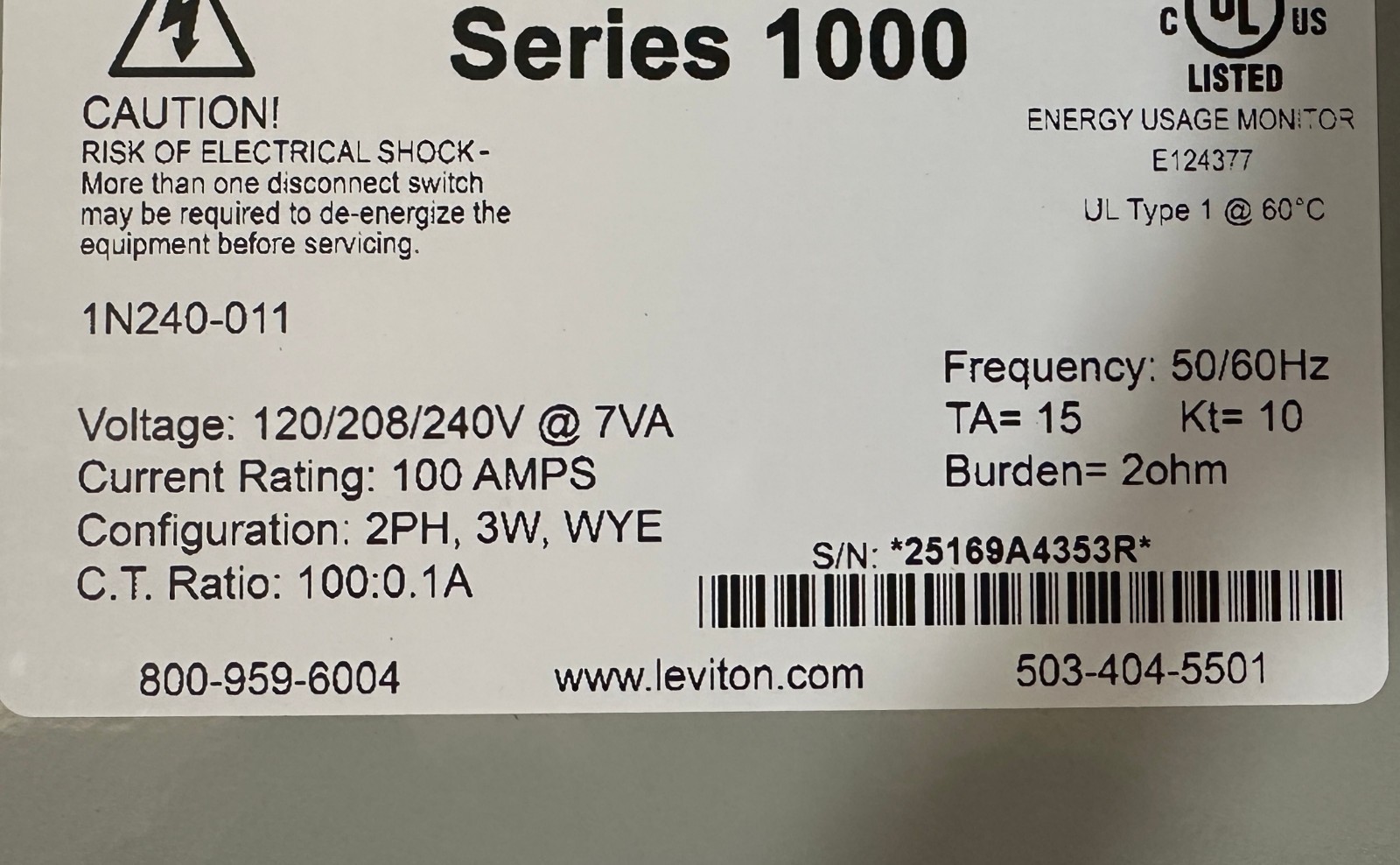 Leviton 1K240-1SW Series 1000 120/240V 100A 1P3W Indoor Kit 2 Solid Core CTs,