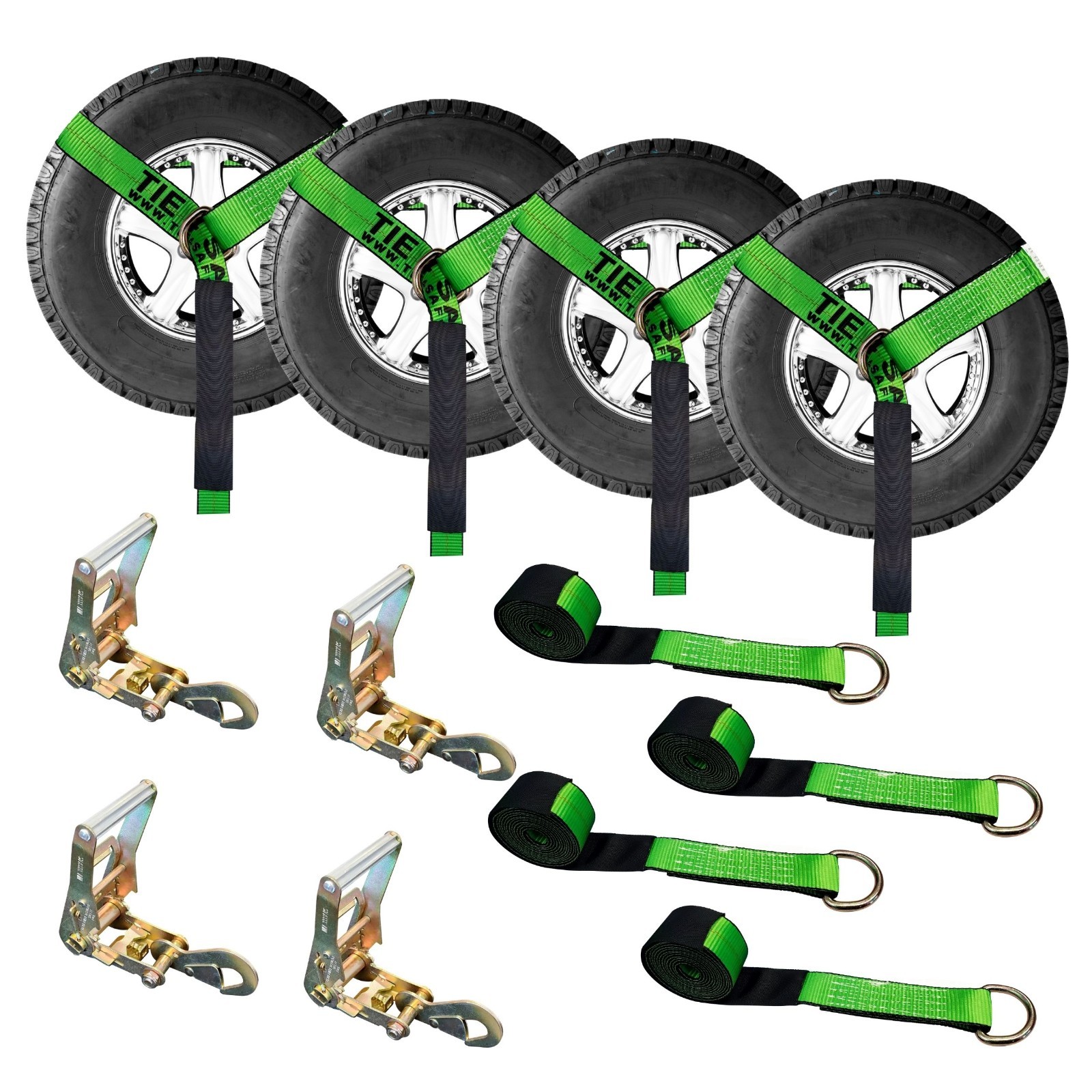 4 Sets 2″ x 10′ Ratchet w/Flat Snap Hook Wheel Lift Lasso Strap Tow Truck Towing