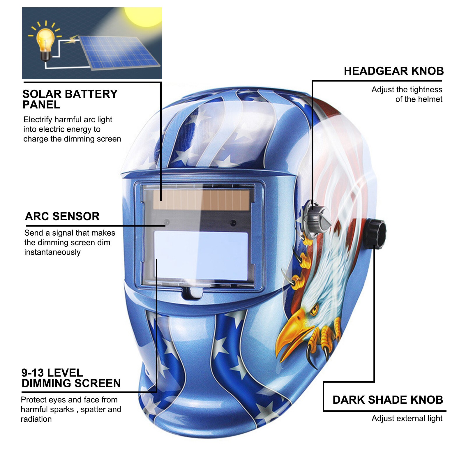 True Color Solar Powered Auto Darkening Welding Hood Helmet for TIG MIG ARC