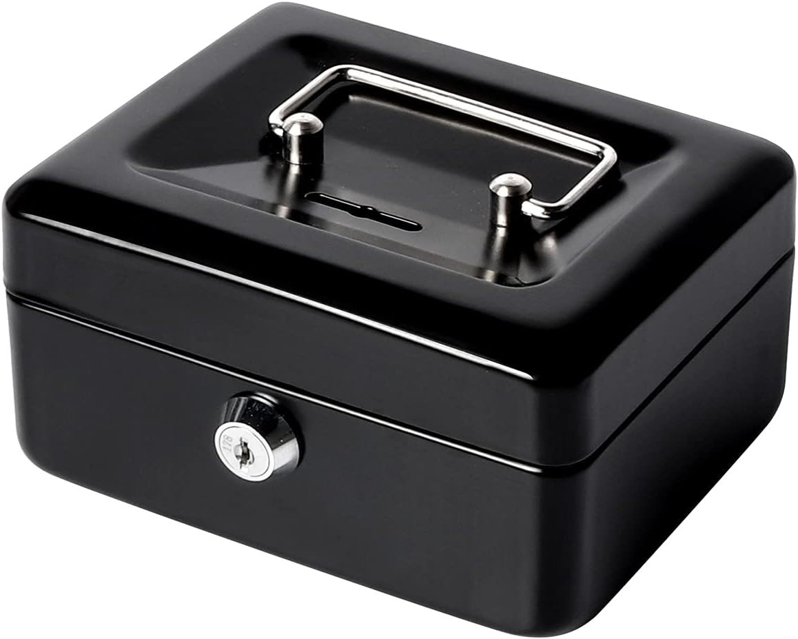 Compact Black Metal Lock Cash Box for Secure Storage – 5.91 x 4.72 x 2.95 in.