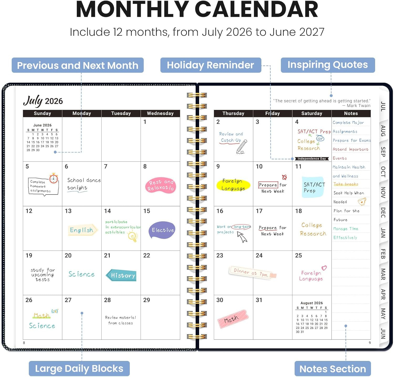 Planner 2026-2027, Monthly and Weekly Academic Planner July 2026 – June 2027, Ha