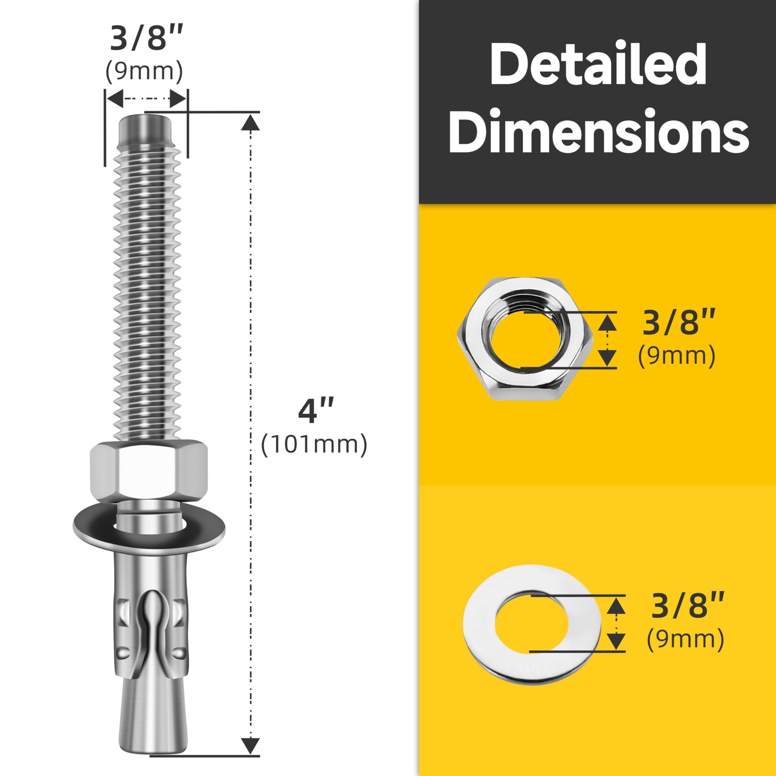 3/8 x 4 Inch Wedge Anchors 304 Stainless Steel HeavyDuty Masonry Bolts 10Pcs fo