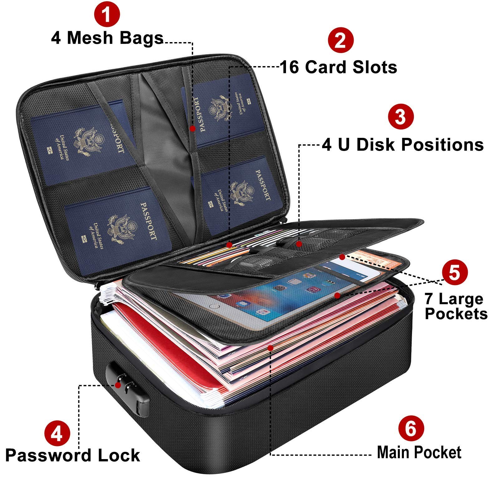 Black Fireproof Document Bag With Lock 3Layer Waterproof File Storage Case