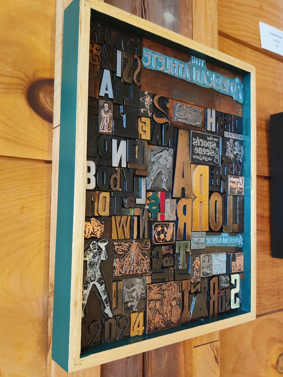 Sports Themed Vintage Letter Press Print Block Collage In Wood Frame