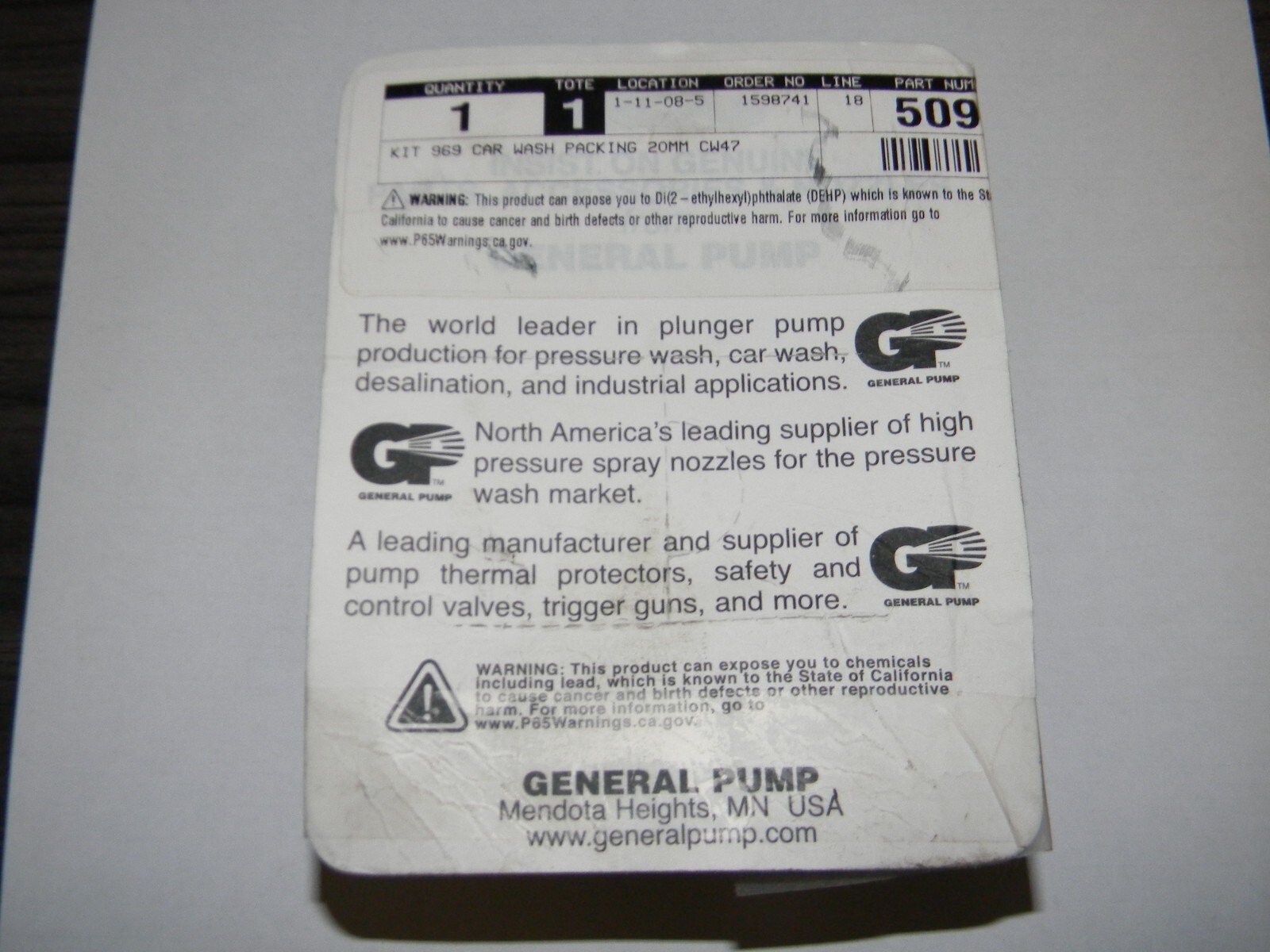General Pump Kit 969 Car Wash Packing Kit for 20mm CW2040 Pumps GP K969