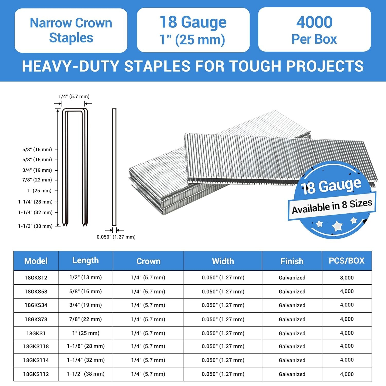meite 18 Gauge 1/4″ Narrow Crown Staples 1/2″ to 1-1/2″ Length Heavy Duty Staple