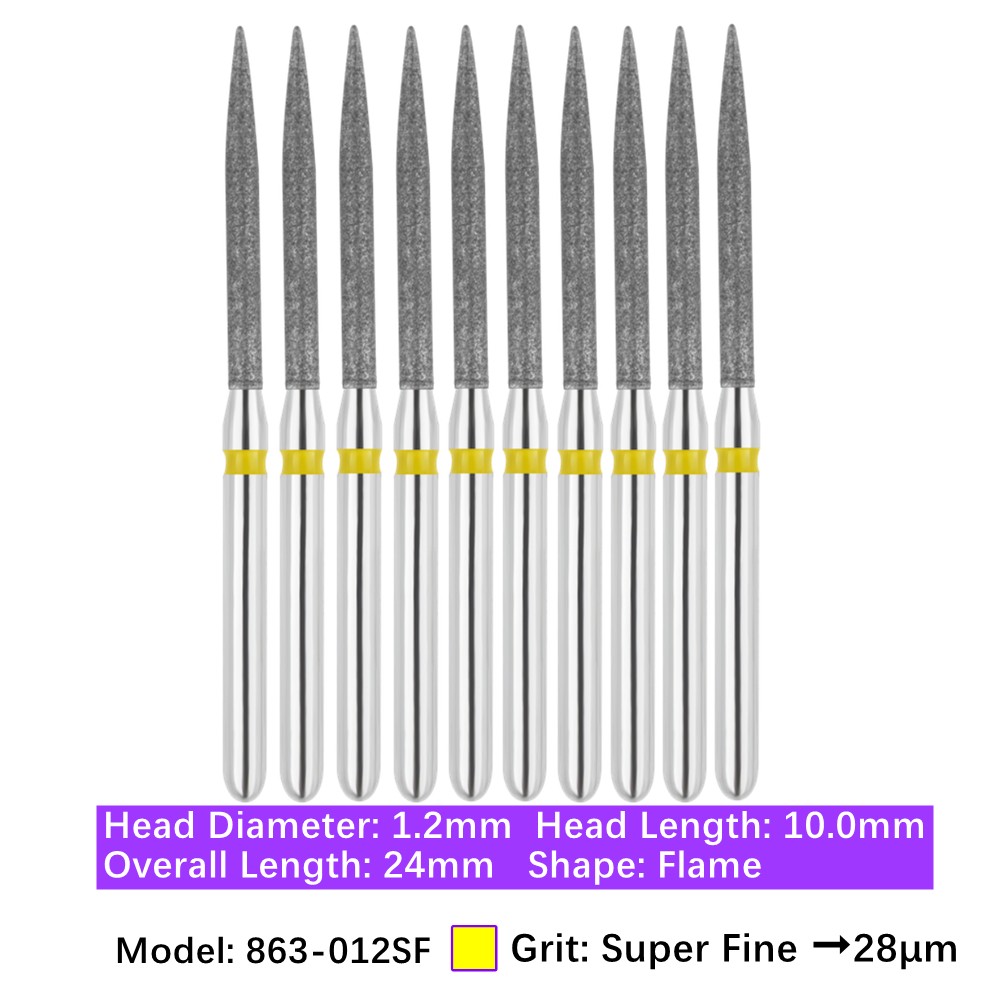 10/Pk Dental FG Diamond Burs Flame Shape 863-012SF Super Fine Grit FG High Speed