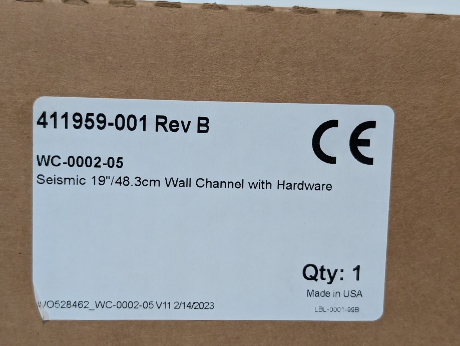GCX WC-0002-05 seismic 19in wall channel with hardware 411959-001 Rev B as shown