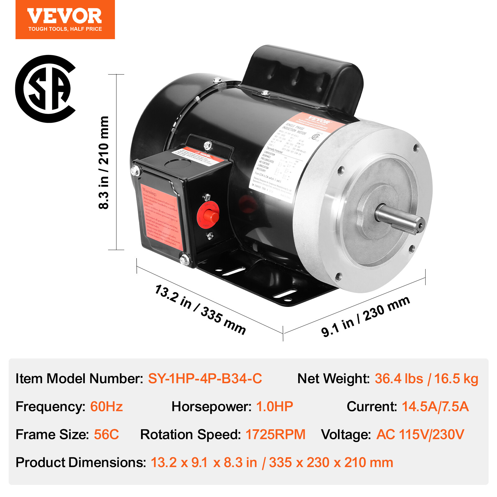VEVOR 1HP Electric Motor 1725RPM 56C Frame 1-Phase 5/8″ Keyed Shaft 115V/230V