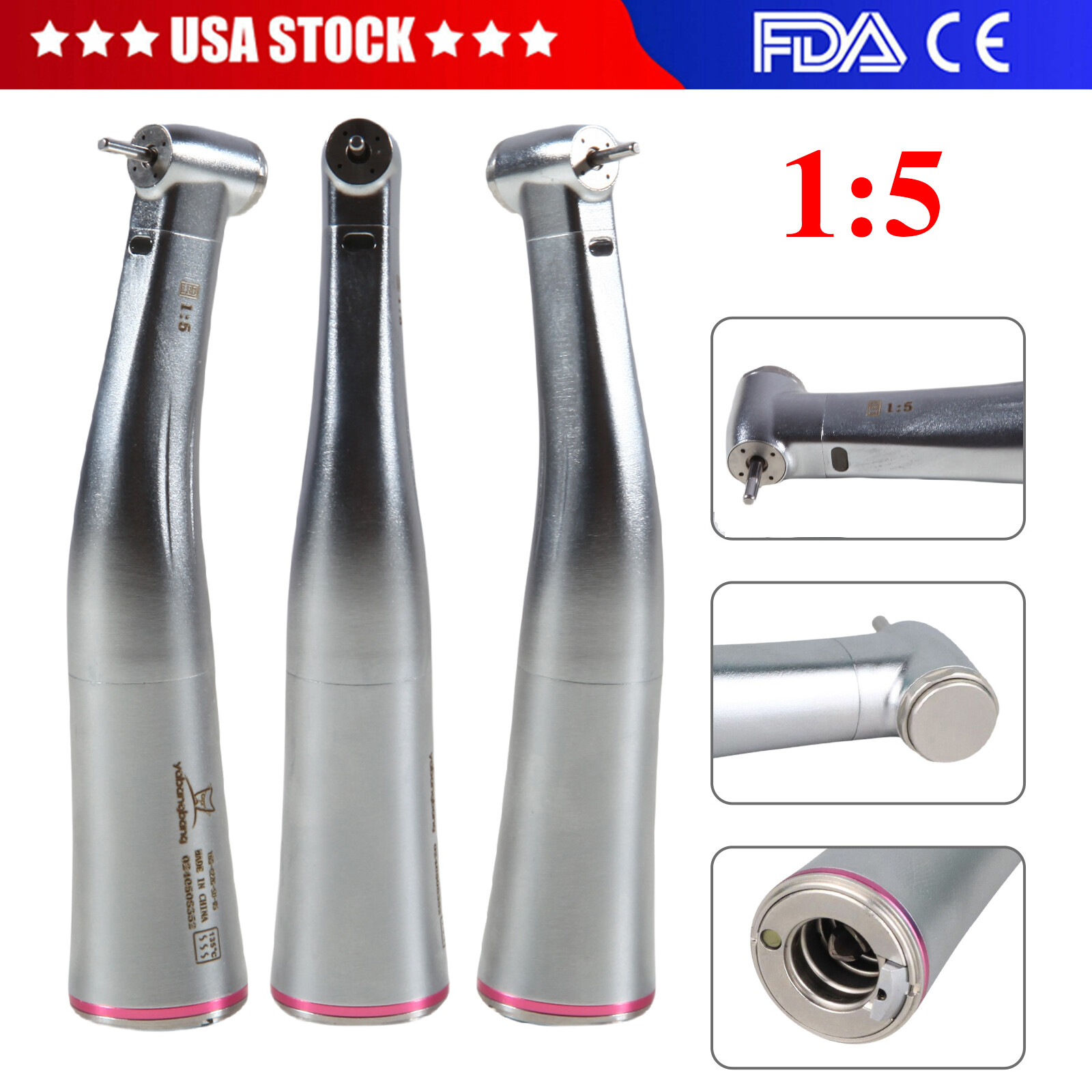 NSK Ti-MAX X95L Style Dental 1:5 LED Fiber Optic Contra Angle Handpiece Red Ring
