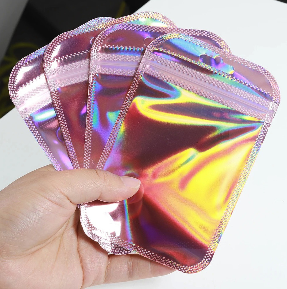 50pcs Iridescent Zip Lock Bags Holographic Self-Sealing Packaging Pouches – NEW