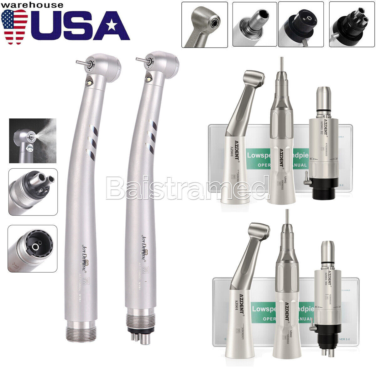 AZDENT Dental LED High Low Speed Handpiece Contra Angle Straight Air Motor Kits