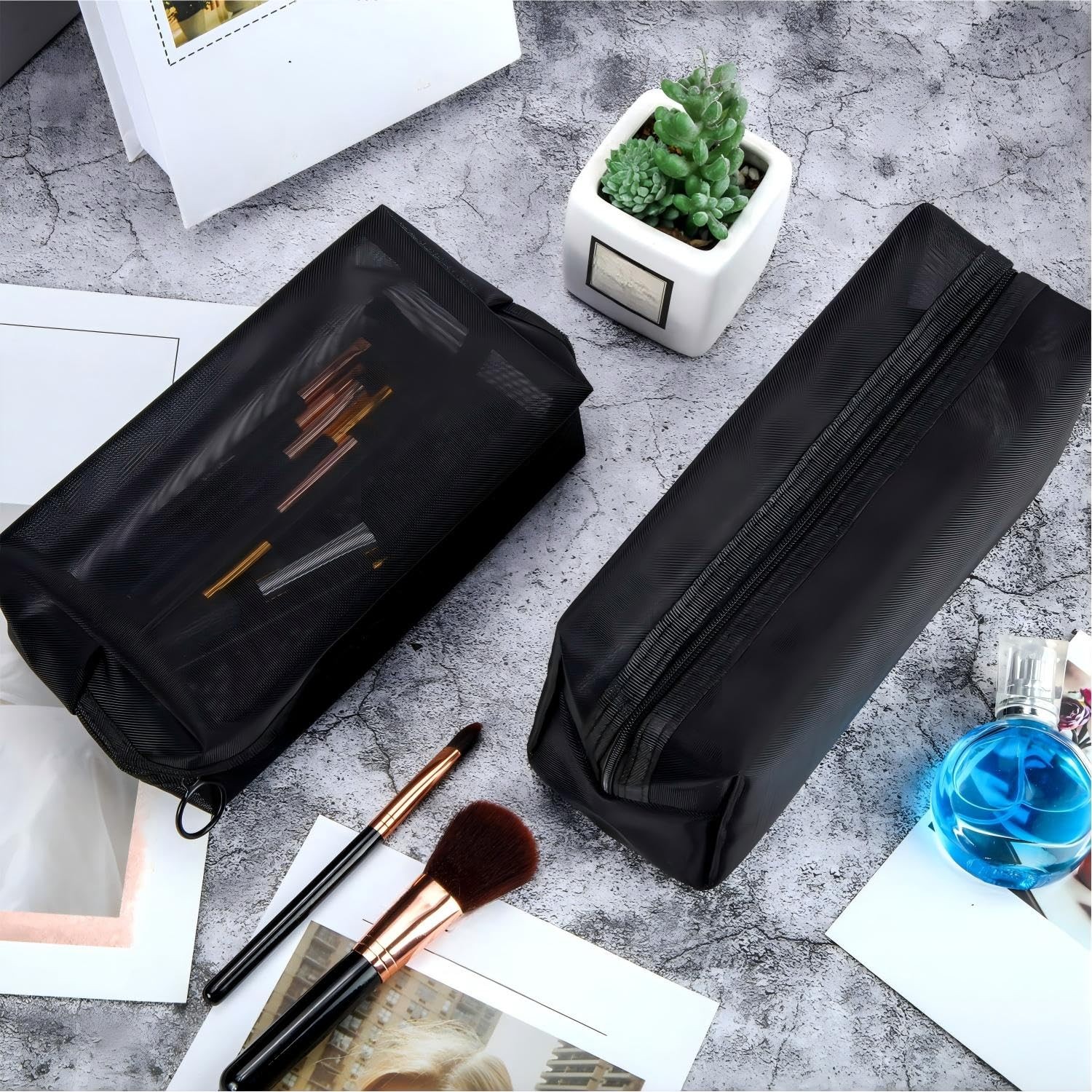 6 Pieces Mesh Makeup Bags Mesh Cosmetic Bag Portable Travel Organizing Zipper Po