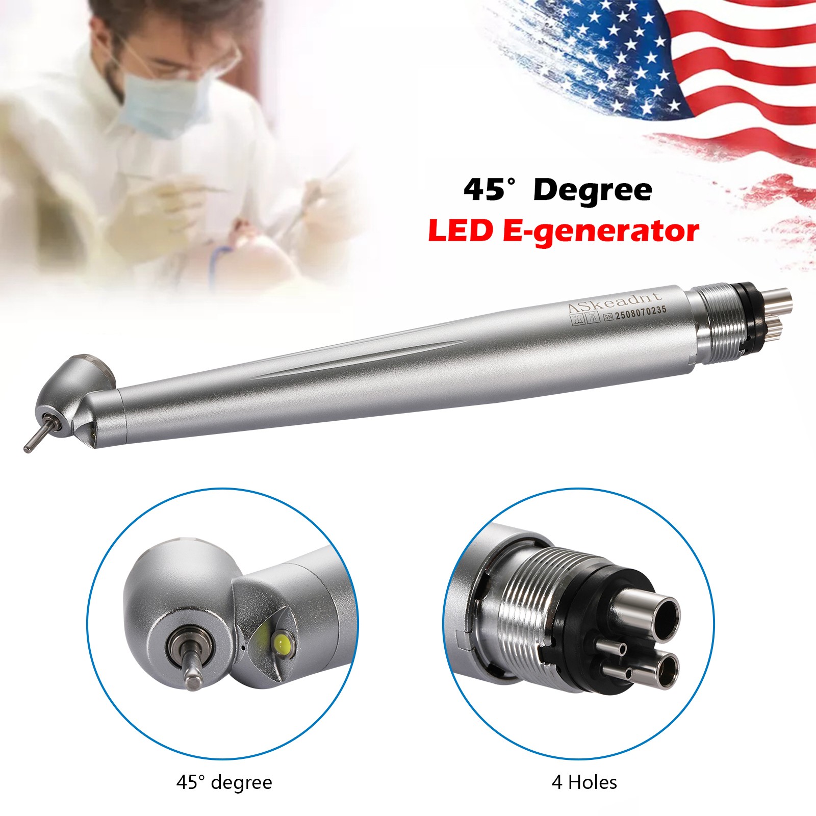 ASKEADNT Dental Surgical Handpiece 45 Degree High Speed 4 Hole LED
