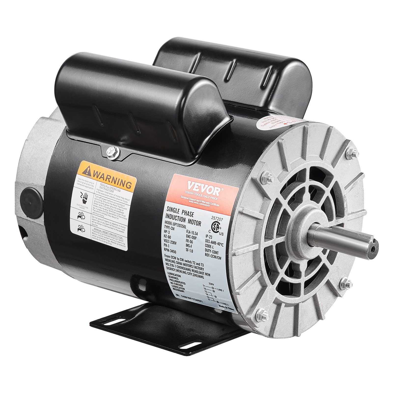 VEVOR 3HP Air Compressor Electric Motor 15.5A 3450RPM 56 Frame CW/CCW Rotation