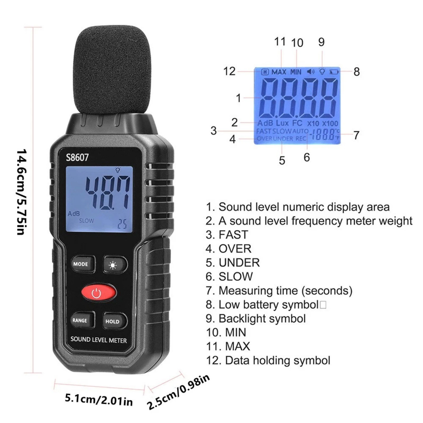 Sound Level Meter Decibel Tester 30-130dB A-Weighted Fast Slow Mode Max Min