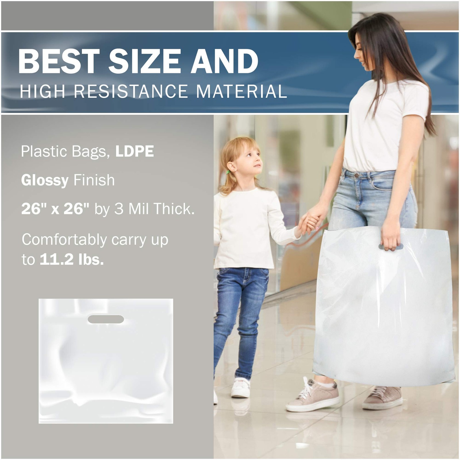 Plastic Merchandise Bags 26×26 White Glossy 50 Pack 3 Mil Handles PPB Finish