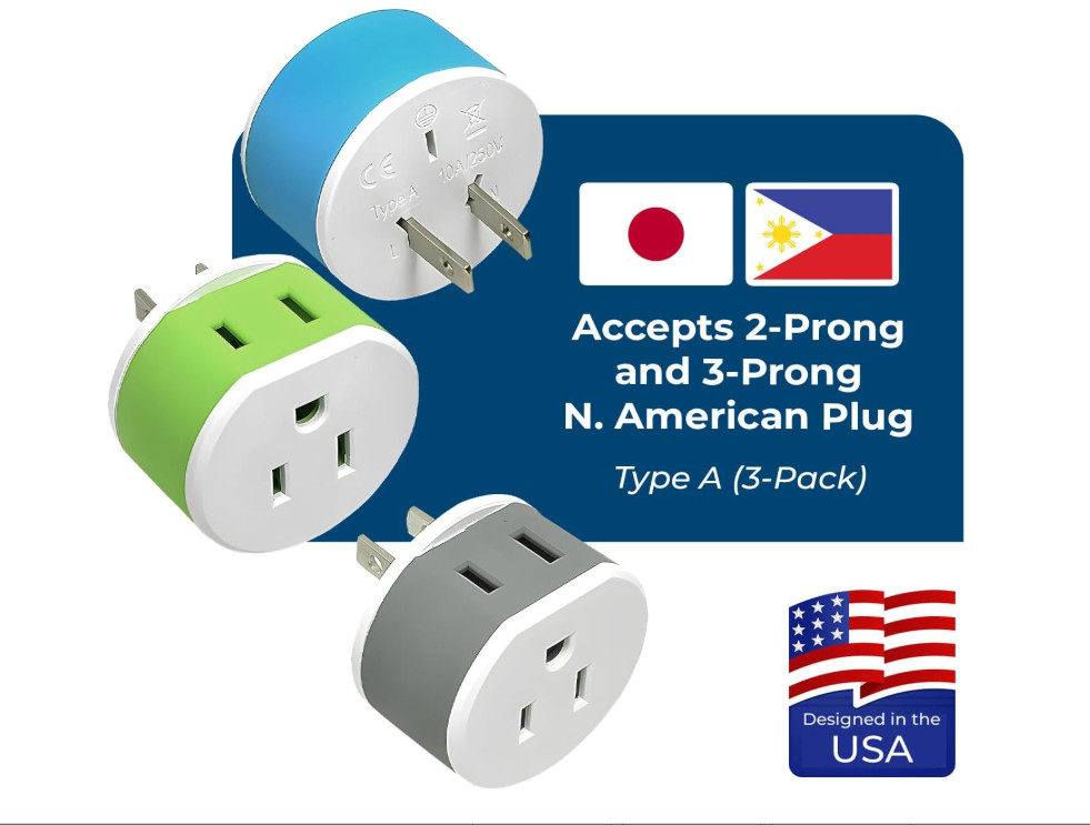 OREI Japan, Philippines Power Plug Adapter with 2 USA Inputs – Travel 3 Pack – T
