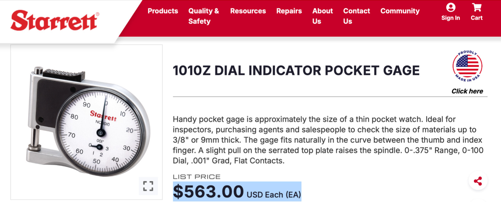 STARRETT No.1010Z Dial Indicator Pocket Gage 0-.375″ Range, 0-100 Dial Reading!