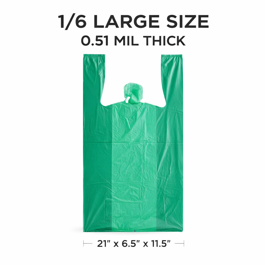 Green T-Shirt Bags 1/6 Size 21×6.5×11.5 0.51 Mil Plastic GroceryShopping