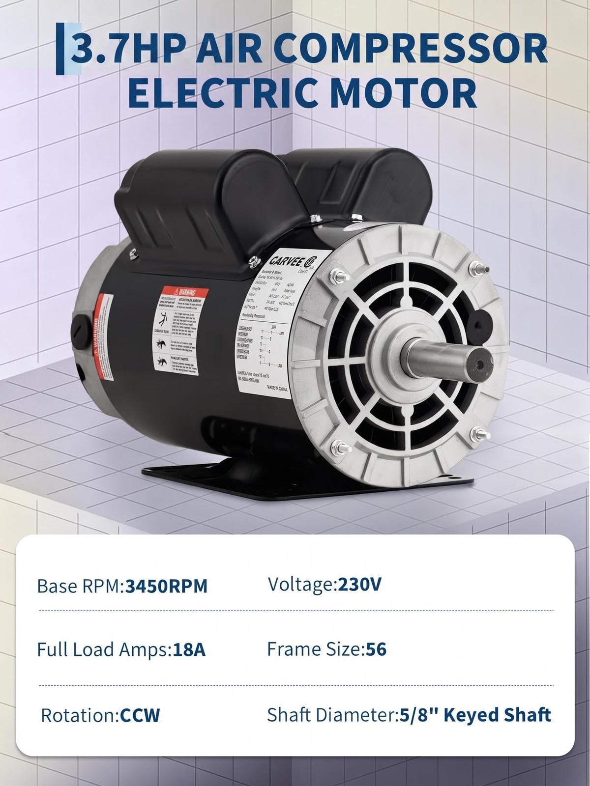 3.7HP SPL Air Compressor Electric Motor, 3450 RPM 56 Frame, 5/8″ Keyed Shaft