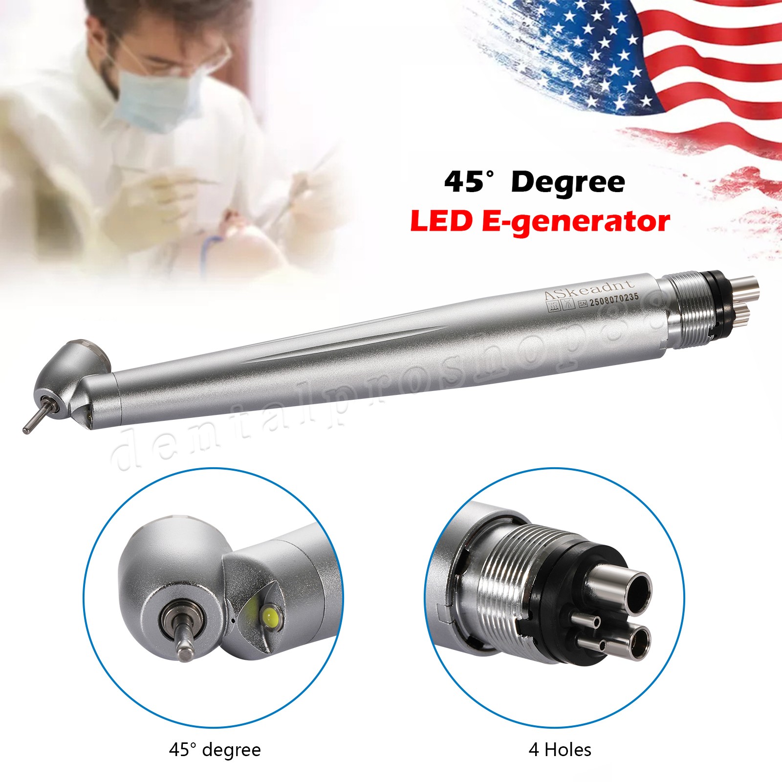 Dental 45 Degree Surgical LED High Speed Handpiece 4 Hole Single water Spray