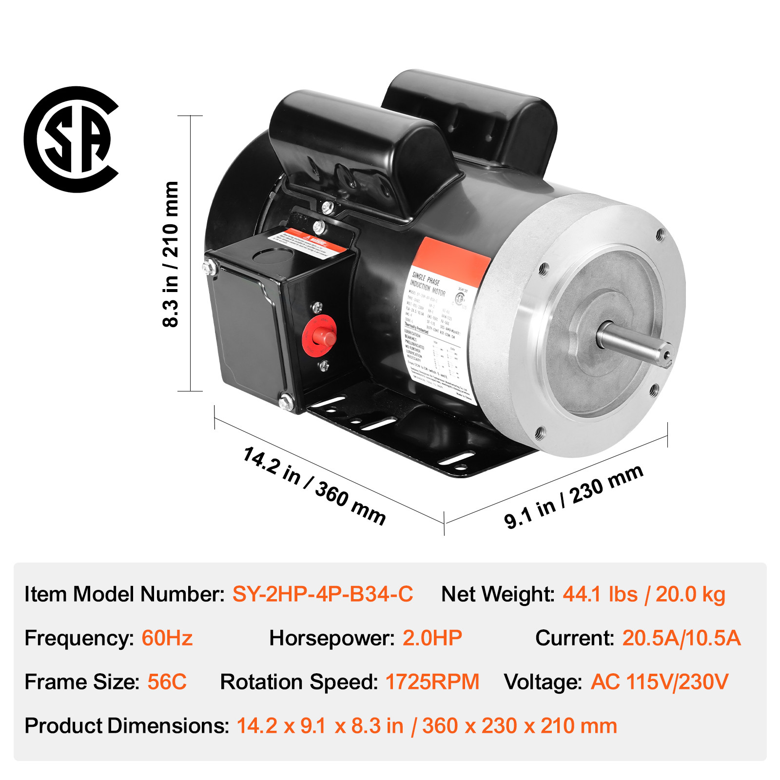 VEVOR 2HP Electric Motor 1725RPM AC 115V/230V 56C Frame 1-Phase 5/8″ Keyed Shaft