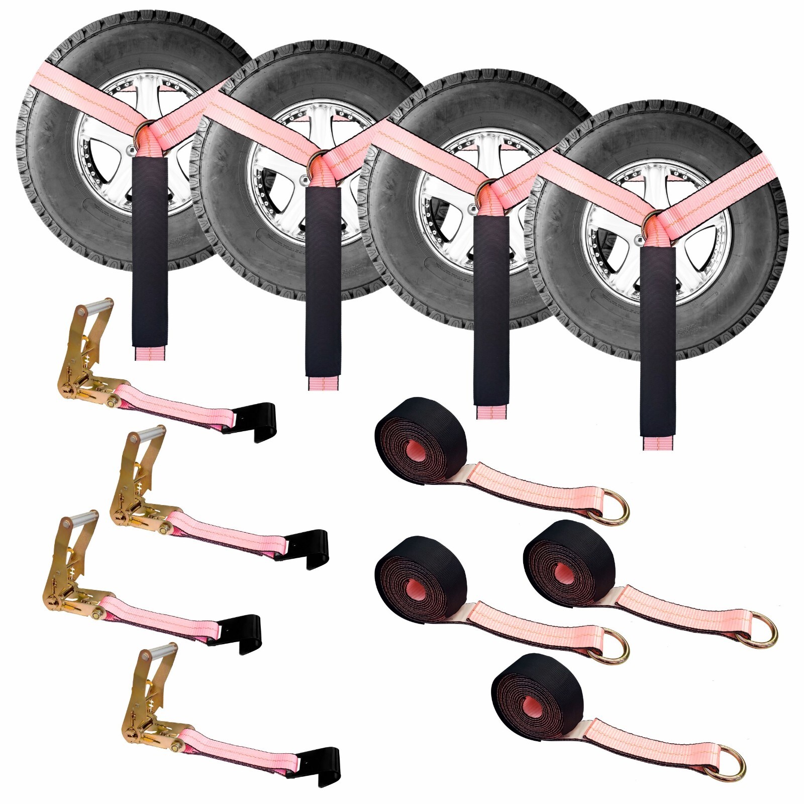 USA 4 Pack 2″ x10′ Side Mount Wheel Net Tie Down Ratchet w/Flat Hook Lasso Strap