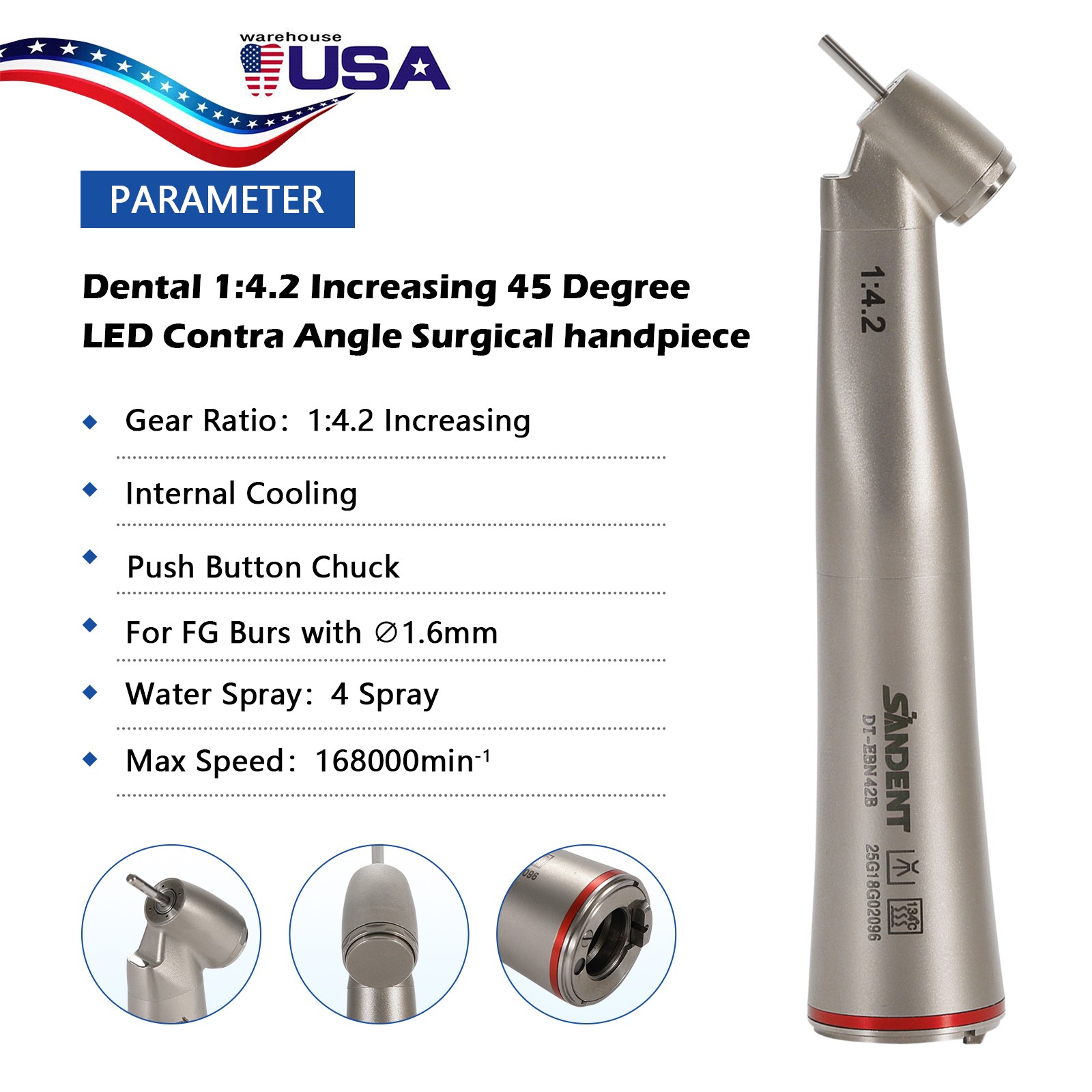 Dental LED Handpiece 1:4.2 Contra Angle 45° LED Fiber Optic Turbine Inner UPS