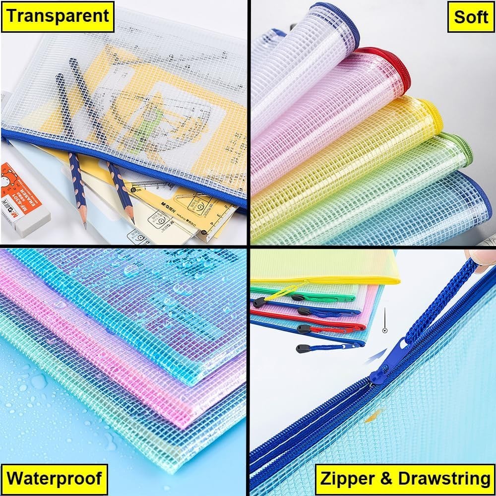 B6 Size Waterproof Mesh Pouch Set, 10 Multicolored Zipper Bags for Home & Office