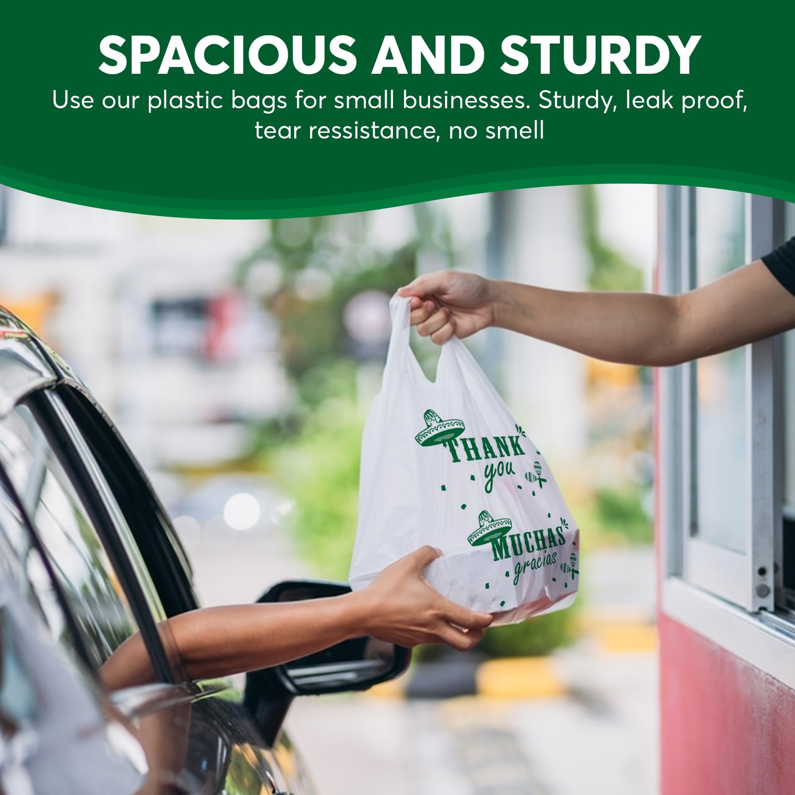 Bilingual Shopping Bags – Thank You/Muchas Gracias, White Plastic with Handle…