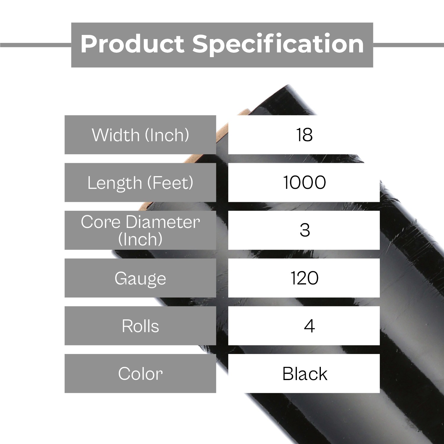 4 Rolls 18″x1000′ Cast Packing Stretch Film Shrink Hand Wrap (120 Ga) Dark Black
