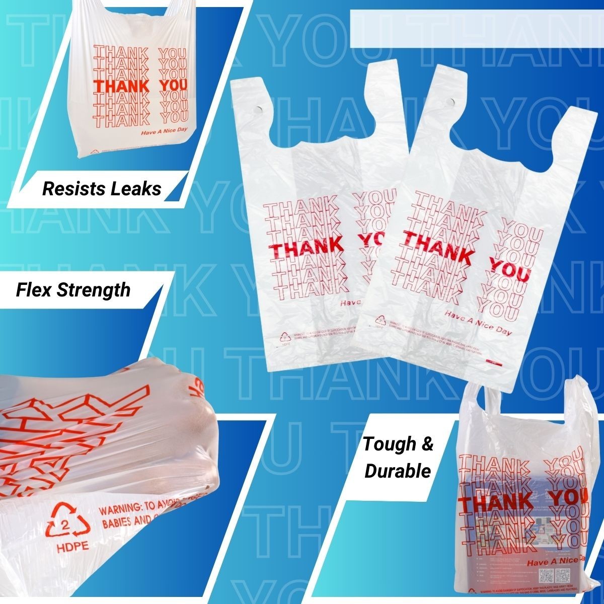 1000 Heavy Duty Thank You T-Shirt Bags 11.5 x 6.5 x 22 White Plastic Grocery Bag