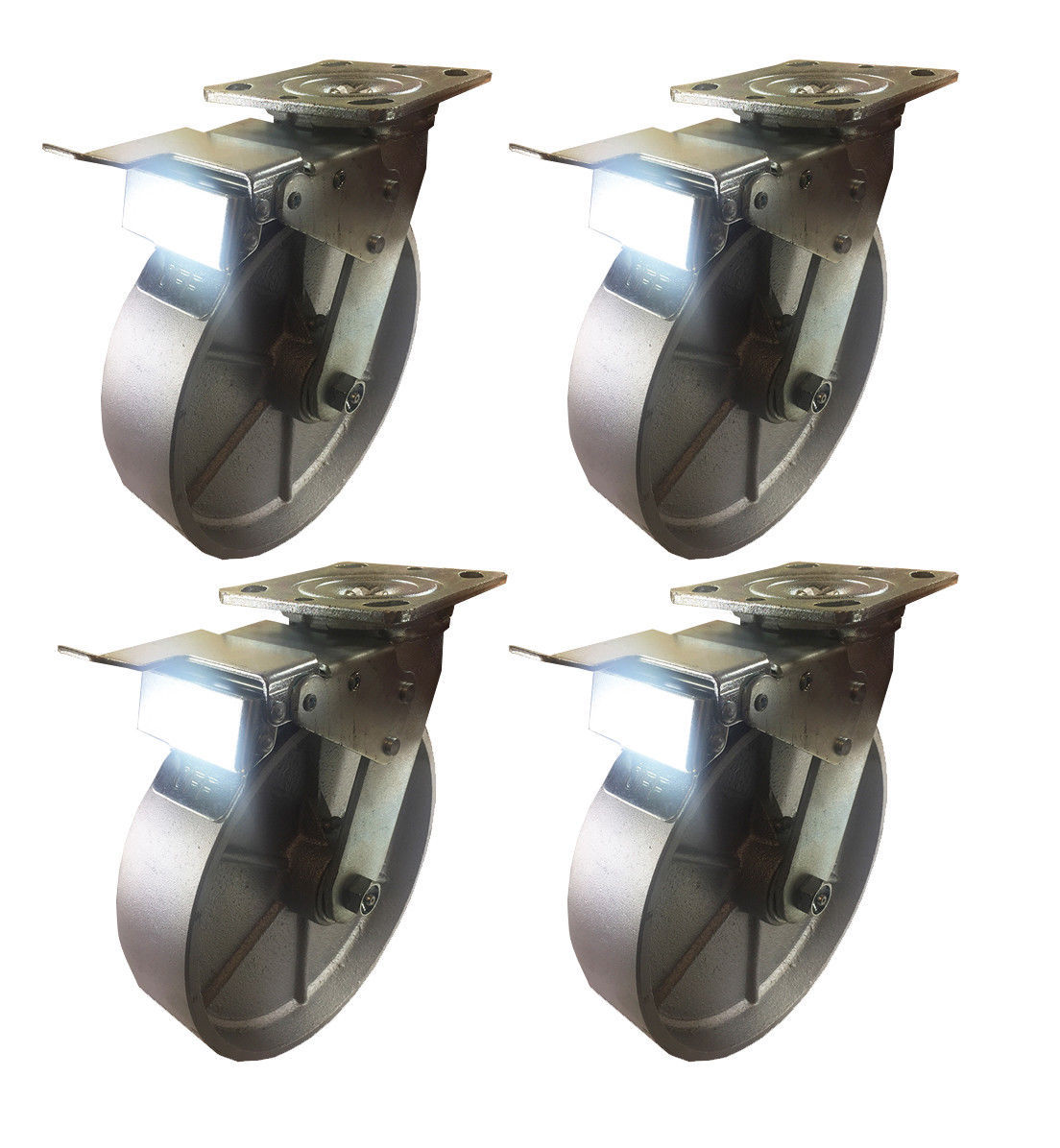4 Heavy Duty Caster Set 4″ 5″ 6″ 8″ All Steel Wheels Rigid & Total Lock Brake