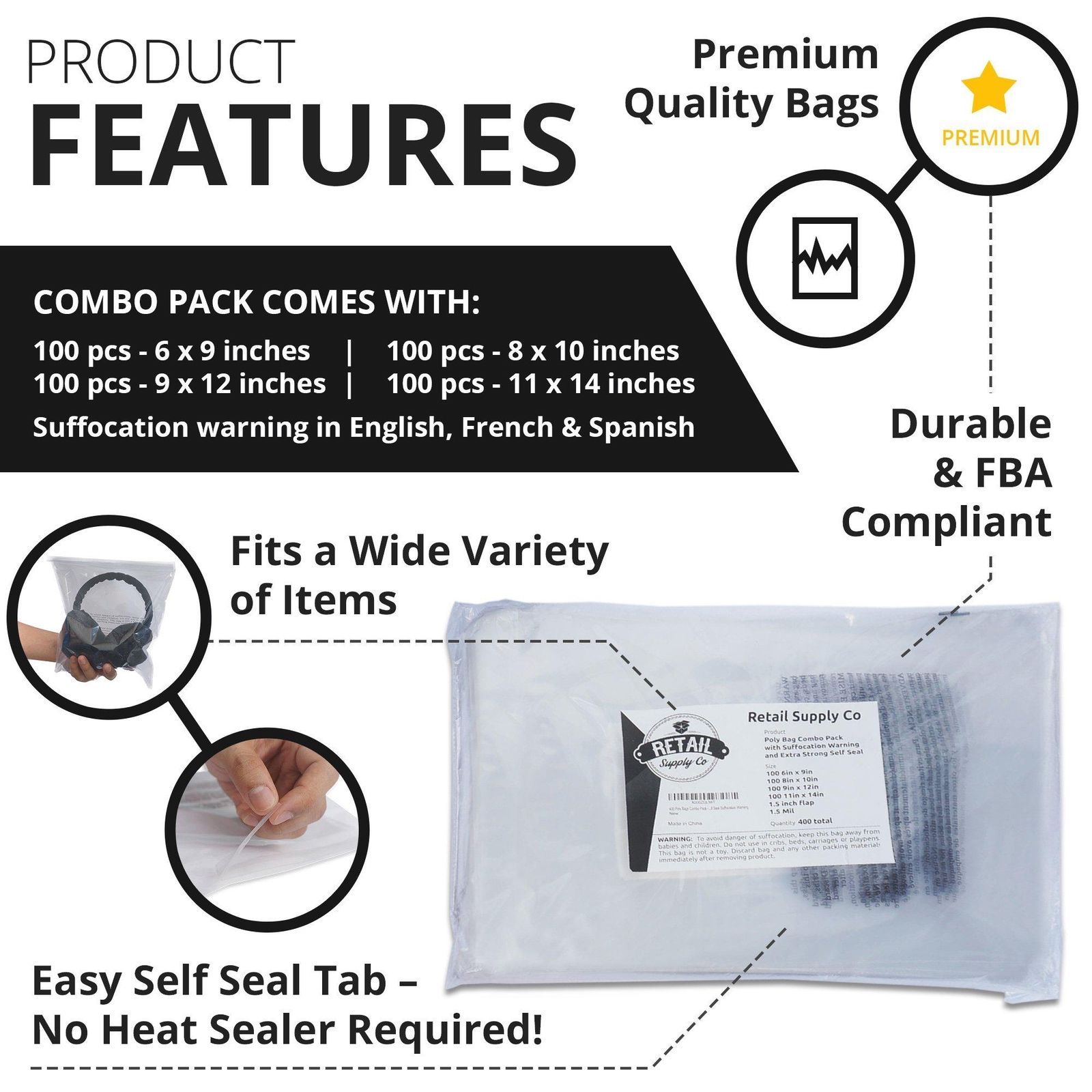 400 Clear Poly Bags Combo Pack with Suffocation Warning – 6×9, 8×10, 9×12, 10×13