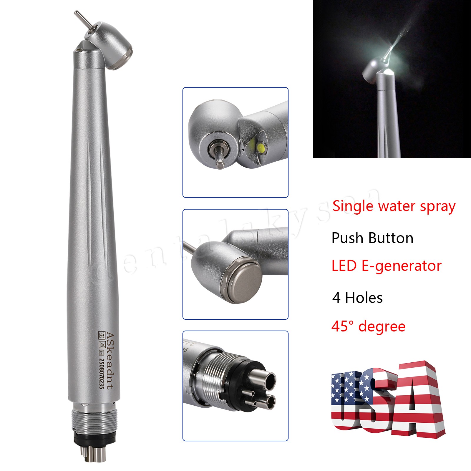 Dental Surgical Handpiece 45° Angle LED Self Power Rear Exhaust 4Hole M4