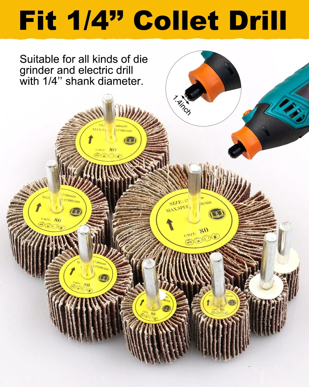 8 Pcs Flap Wheel Sander Set, 1/4″ Shank 8Size Flapper Wheel, SHITIME Long-Lastin