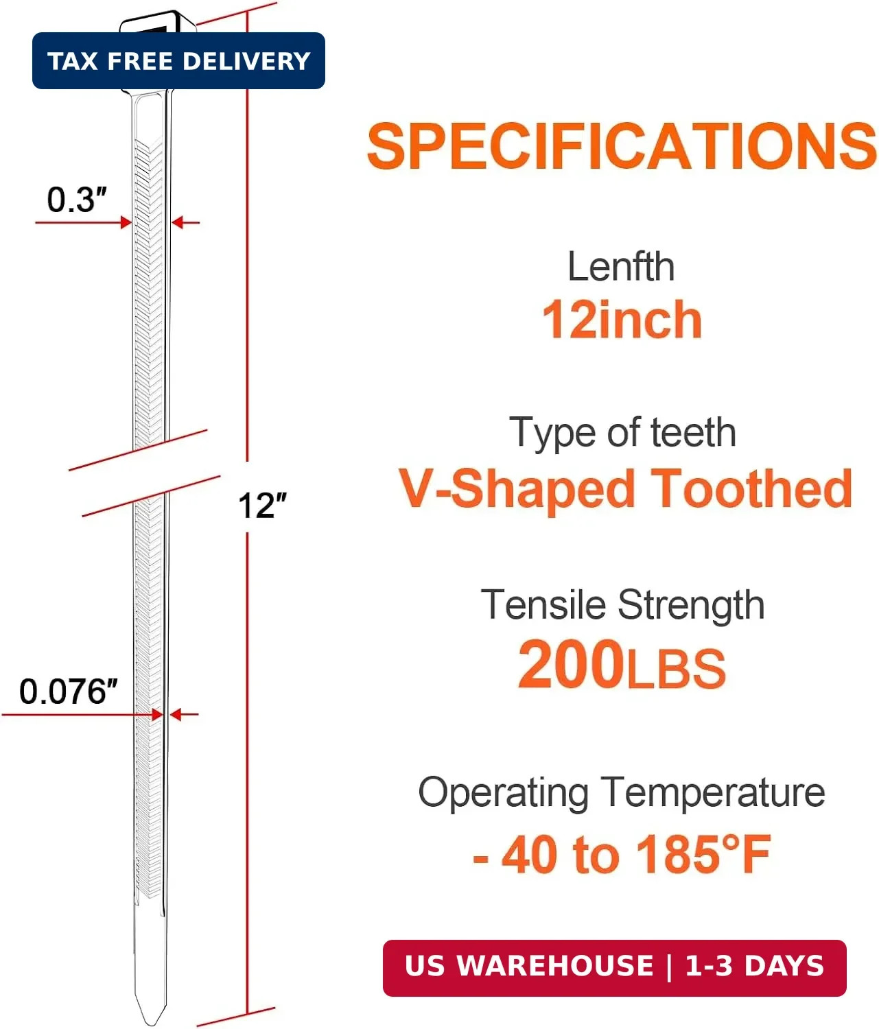 Zip Ties Heavy Duty 12 inch，V-Shaped Toothed Double Sided With 200 LBS Tensile S