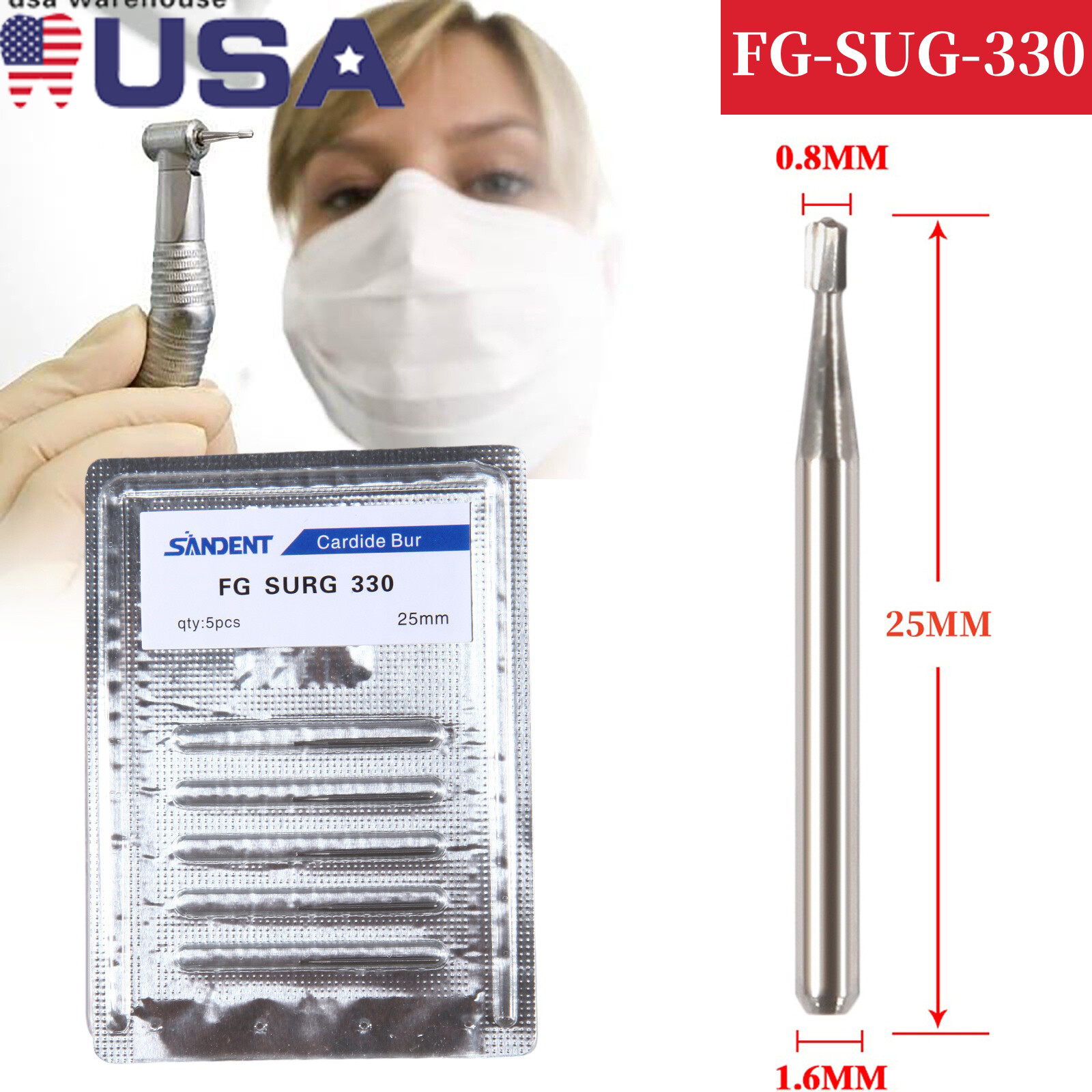 FG # 330 Dental Surgical Carbide Burs 25mm (100pcs=10 Packs)