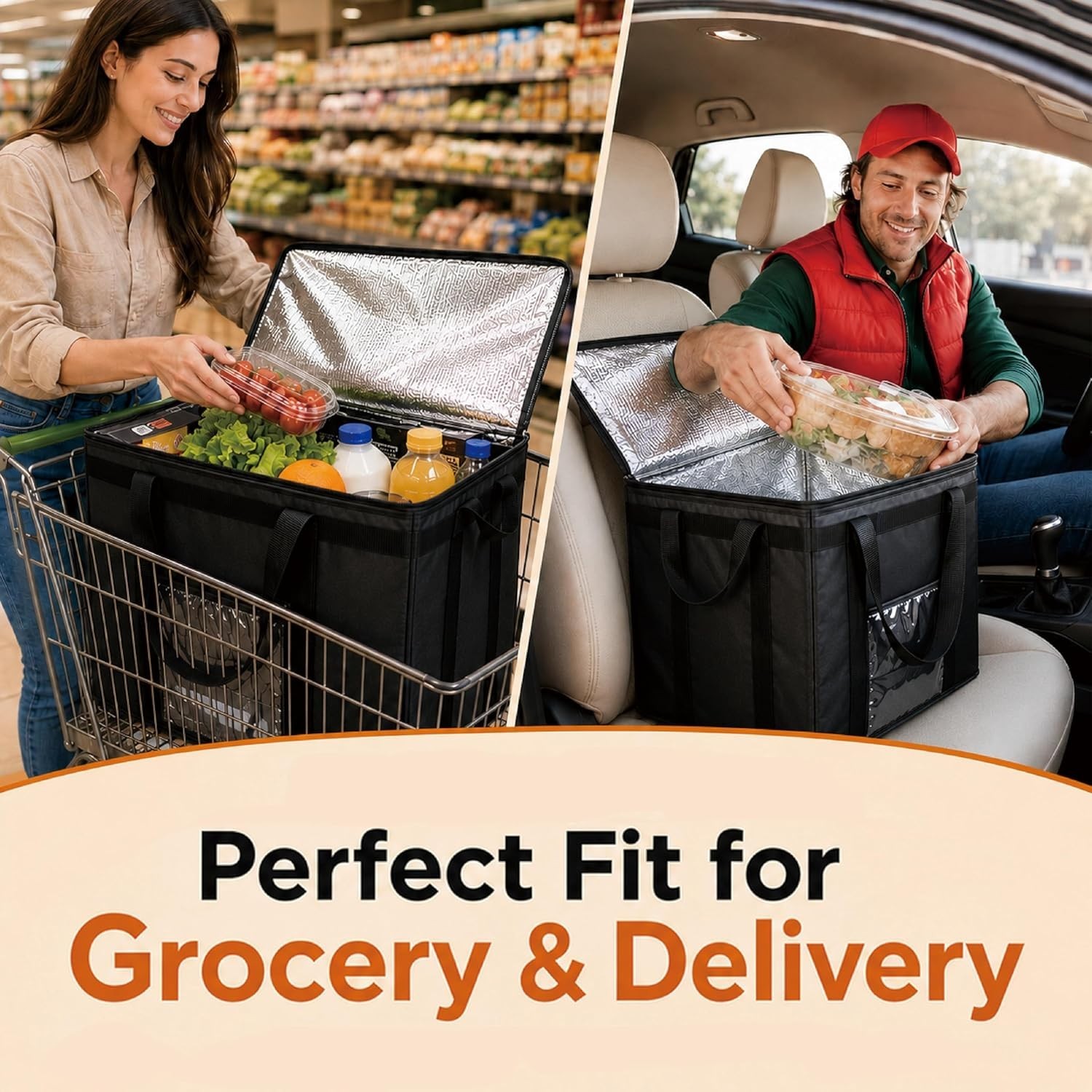Durable Insulated Bag for Food Delivery, Reusable Cooler with Slip Pocket